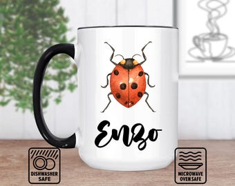 Mug coccinelle rouge personnalisée avec nom — Tasse à café coccinelle personnalisée pour les amateurs de jardin, les enfants et les enseignants, cadeau d'anniversaire (11 oz et 15 oz)