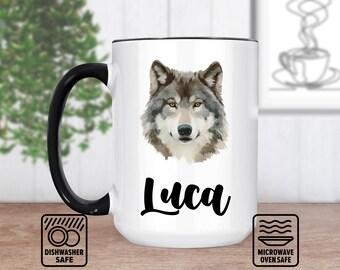 Wolfskopf-Tasse mit individuellem Namen - personalisierte Tasse für Tierliebhaber, einzigartige Geschenkidee, handgefertigte Keramikkunst, perfekt für Kaffee oder