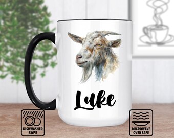 Taza con cabeza de cabra y nombre personalizado - Taza personalizada para amantes de los animales, idea de regalo única, cerámica artesanal, estilo rústico de granja