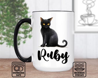 Taza de gato negra elegante con nombre personalizado, taza personalizada para amantes de los gatos, idea de regalo única, perfecta para los amantes del café o el té.