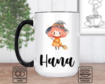 Taza de bruja pequeña con nombre personalizado - Taza personalizada para Halloween, lindo regalo de bruja, taza de café única, temporada espeluznante, amante de la magia