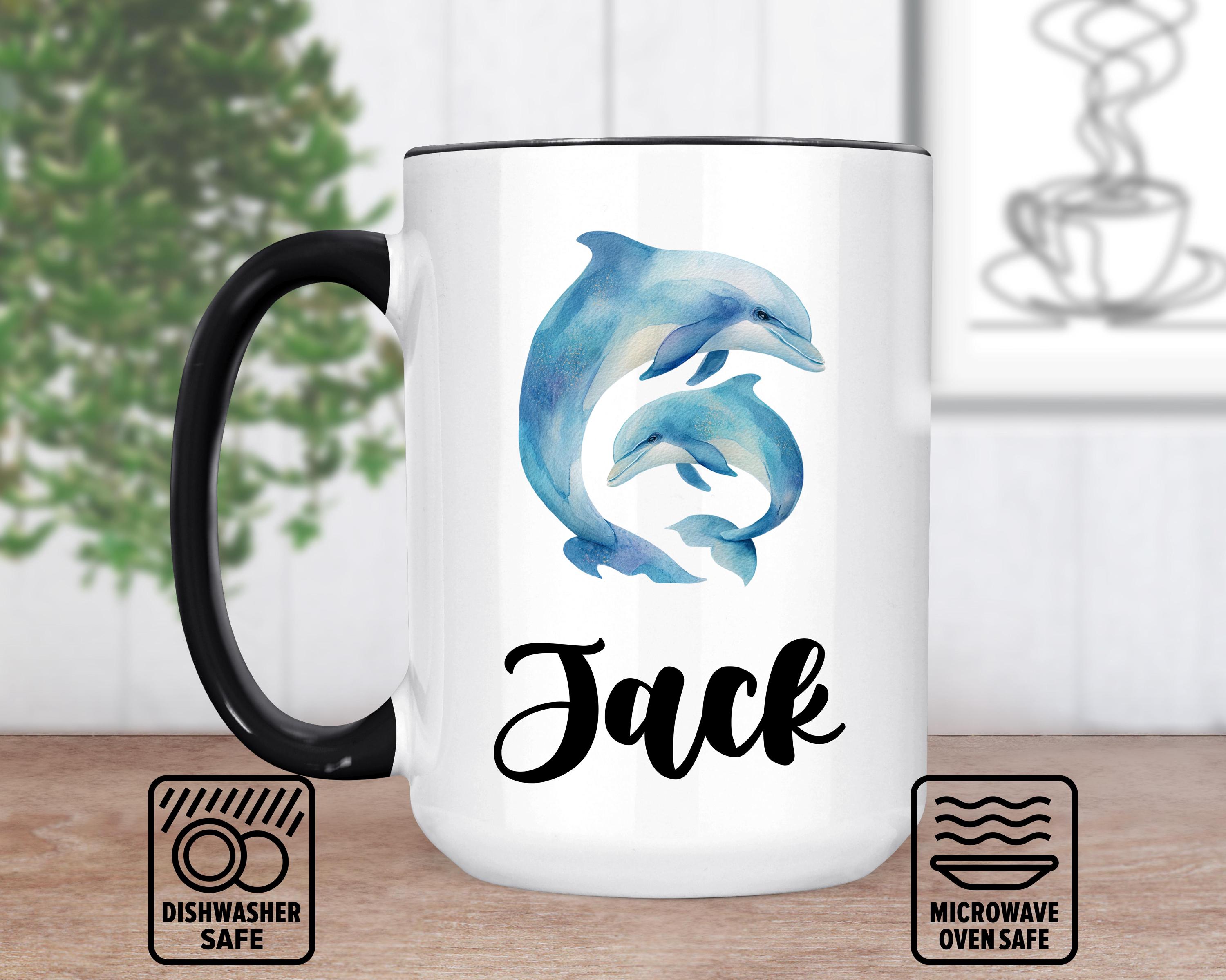 Tazza con due delfini e nome, regalo personalizzato con due delfini per gli amanti del caffè, tazza da caffè personalizzata con due delfini e testo, r