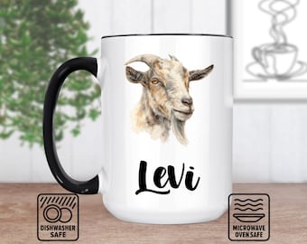 Taza con cabeza de cabra y nombre personalizado: diseño único de animal de granja, taza personalizada para amantes del café, regalo para ella o para él, decoración rústica para el hogar.