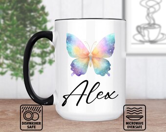 Mug papillon avec nom, cadeau papillon personnalisé pour les amateurs de café, tasse à café papillon personnalisée avec texte, cadeau unique