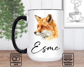 Fuchskopf-Tasse mit individuellem Namen - Personalisierte Tasse Geschenk für Tierliebhaber, Einzigartige Keramikkaffeetasse, Waldthema, Handgefertigte Kunst