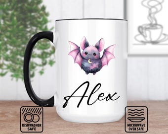 Taza de murciélago con nombre personalizado: taza personalizada para amantes de Halloween, regalo con un bonito diseño de murciélago, taza de café única para los amantes de los murciélagos.