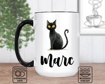 Taza de gato negra elegante con nombre personalizado: taza personalizada para amantes de los gatos, idea de regalo única, taza de café de cerámica, regalo para amantes de las mascotas