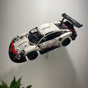 Angled Wall Bracket Mount Lego Technic Porsche 911 RSR (42096) 3D Printed White Model Display