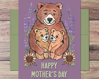 Mama Bear & Cubs Mother's Day Card: Wildflower Illustration