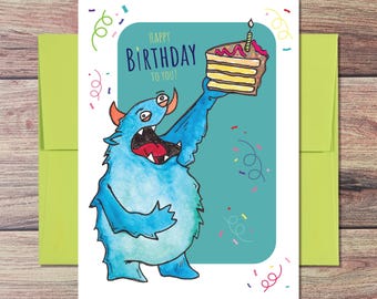 Funny Blue Monster Birthday Card – Cake Illustration, Kids Greeting Card