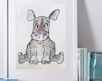 Funny Rhino Ice Cream Cone Nursery Art Print
