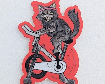 Cycling Cat Sticker: Waterproof Vinyl Decal for Water Bottle