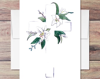 Floral Cross Easter Card: White Lily Christian Sympathy Card