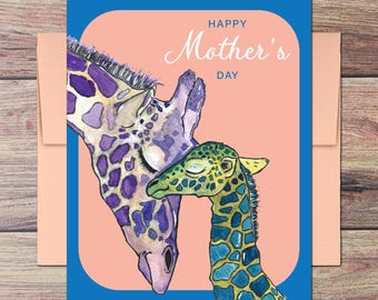 Watercolor Giraffe Mother's Day Card: Thankful Mom, Peach Envelope