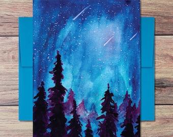 Watercolor Galaxy Forest Card: Starry Night Sky Stationery