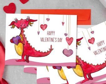 Dragon Valentine's Day Card Set, Illustrated Greeting Cards