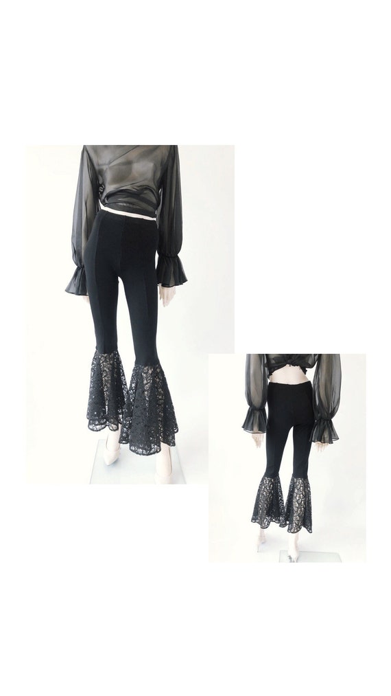 1990s Vintage black bellbottom pants//Vintage lace