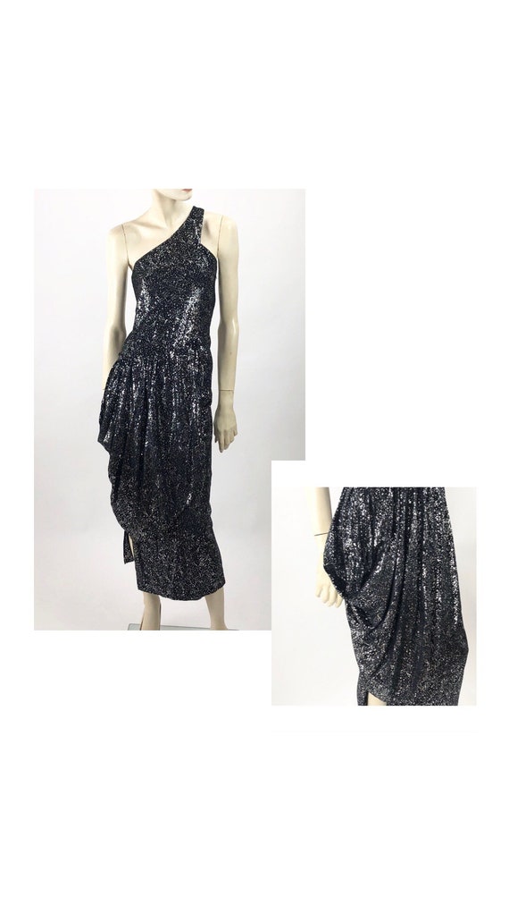 1980s Vintage Dress//black and silver// WET LOOK//