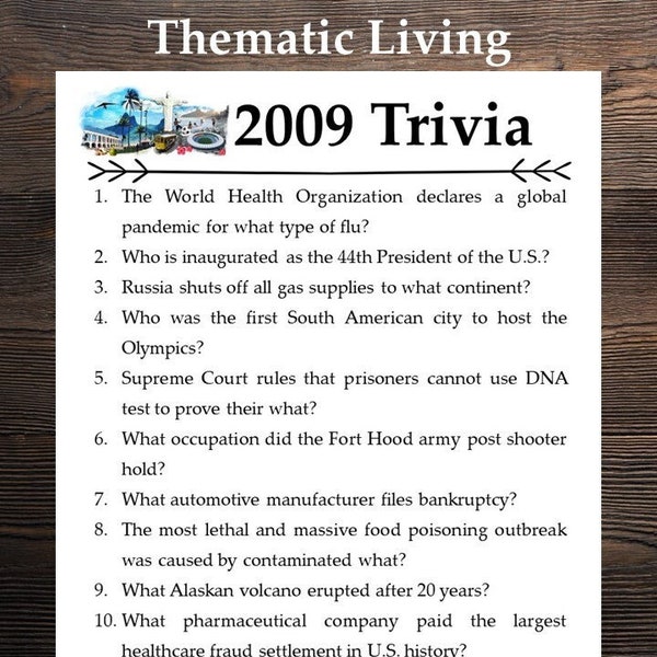2009 Trivia | Birthday | Anniversary | Graduation | Back In | Born In | Printable | Answer Key Included