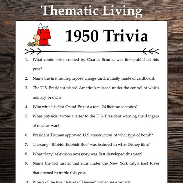 1950 Trivia | Birthday | Anniversary | Back In | Born In | Printable | Answer Key Included