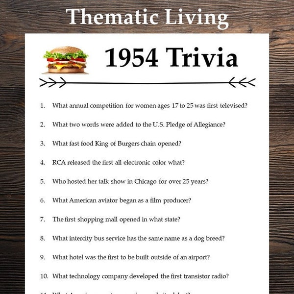 1954 Trivia | Birthday | Anniversary | Back In | Born In | Printable | Answer Key Included