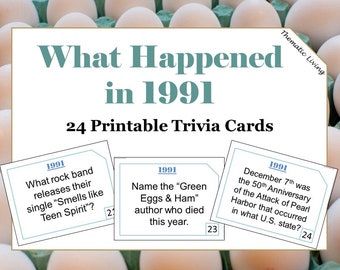 32nd Birthday 1991 Trivia Cards | Anniversary Games | Conversation Starters | Ice Breakers | 24 Printable Trivia Cards | Answer Key Included