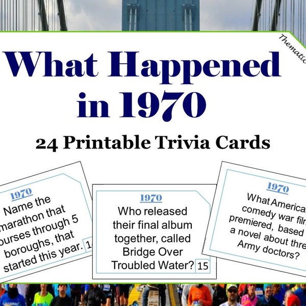 54th Birthday 1970 Trivia Cards | Anniversary Games | Conversation Starters | Ice Breakers | 24 Printable Trivia Cards | Answer Key Included