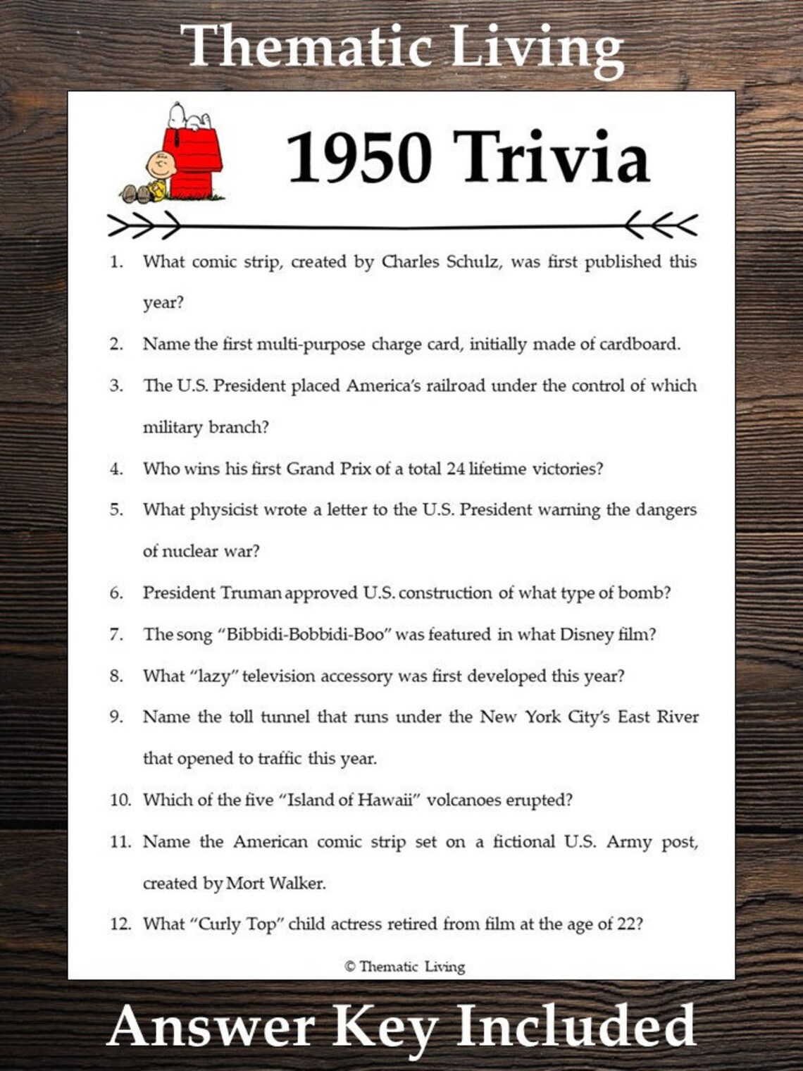 1950 Trivia Birthday Anniversary Back in Born in Printable Answer Key ...