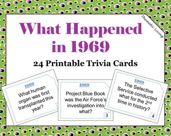 54th Birthday 1969 Trivia Cards | Anniversary Games | Conversation Starters | Ice Breakers | 24 Printable Trivia Cards | Answer Key Included