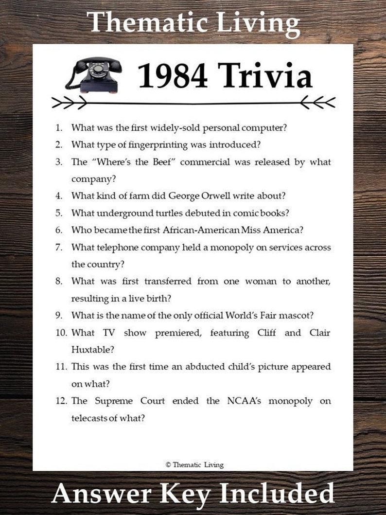 1984 Trivia Birthday Anniversary Back in Born in Printable Answer Key