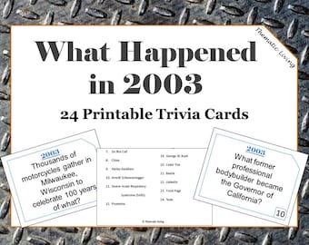 21st Anniversary 2003 Trivia Cards | Wedding Games | Conversation Starters | Ice Breakers | 24 Printable Trivia Cards | Answer Key Included