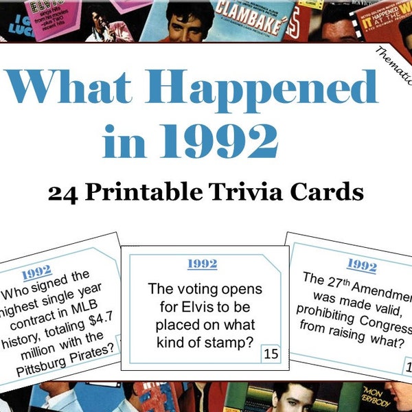 32nd Birthday 1992 Trivia Cards | Anniversary Games | Conversation Starters | Ice Breakers | 24 Printable Trivia Cards | Answer Key Included