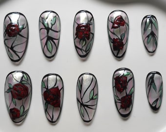 Rose Stained Glass Mosaic Press On Nails Iridescent almond shape Luxury nail art cathedral magnetic reusable gifts for her gothic