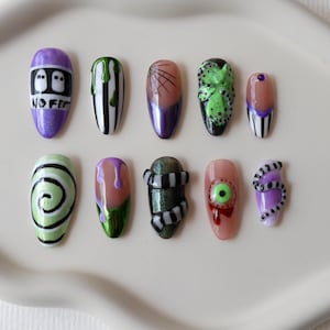 Beetlejuice Press On Nails, 3D Halloween Gothic False Nails