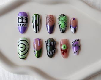 Beetlejuice Press On Nails, 3D Halloween Gothic False Nails