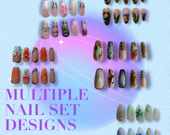Press On Nails: Size Small only discounted, Coffin Almond, Beach ocean Grunge Gothic homemade reusable colourful chrome gel nails charms