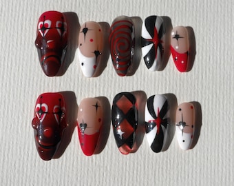 Diseño de payaso de carnaval espeluznante en rojo y negro, uñas postizas, bufón de circo, uñas postizas reutilizables 3D de gel para Halloween, uñas postizas caseras reutilizables con diseño de rompecabezas.
