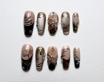Black gold chrome magnetic champagne fake press on nails flowers 3d gel