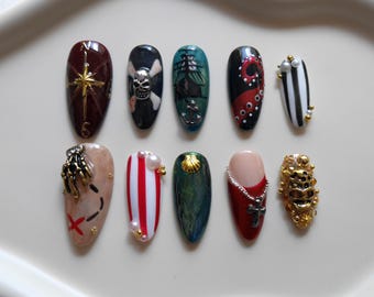 Pirate Ocean Handmade Press On Nails: Blue, Green, Gold, Pearls kraken treasure pirates of the Caribbean jack sparrow  skulls gifts for her
