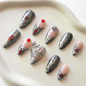 Medieval Knight Fake Press on Nails themed silver chrome red gems fake gel3d interactive charm red gems heart cosplay fantasy sword, gifts