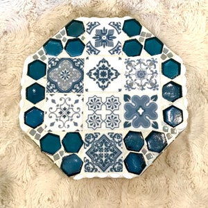Octagon Ceramic Tile Mosaic Trivet in Blue and White