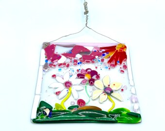Flower garden glass sun catcher in fused glass