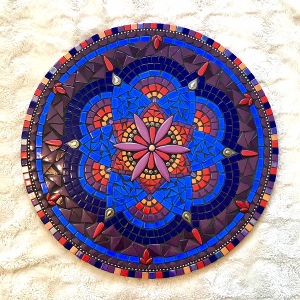 18" Mosaic Mandala in Blue, Red and Purple