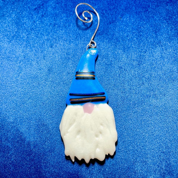 Fused Glass Gnome with Blue Hat and Dichro embellishments