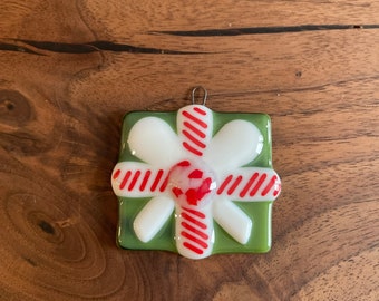 Gift ornament- fused glass with candy cane ribbon