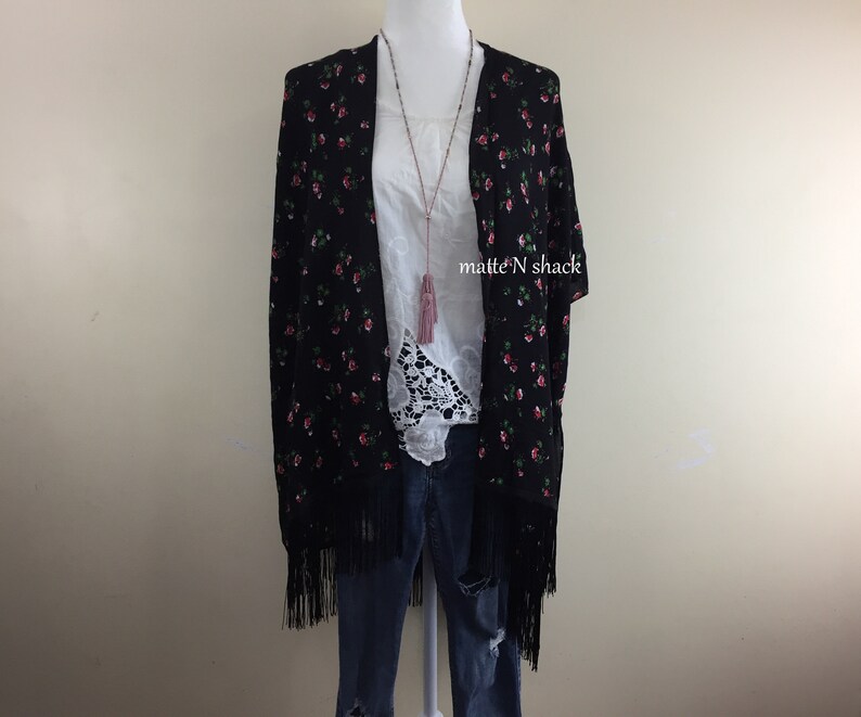 TINY FLOWERS Fringe Kimono,Boho Kimono,Bohemian Kimono,Cardigan,Beach Cover Up,Light Kimono