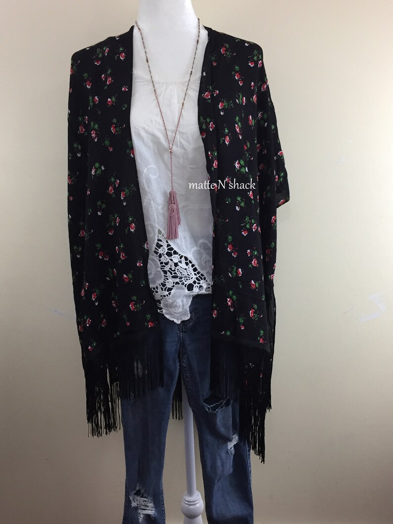 TINY FLOWERS Fringe Kimono,Boho Kimono,Bohemian Kimono,Cardigan,Beach Cover Up,Light Kimono