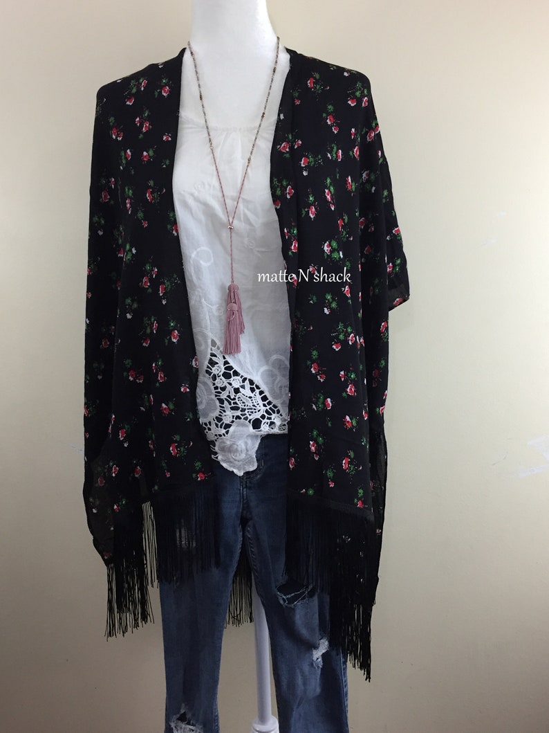 TINY FLOWERS Fringe Kimono,Boho Kimono,Bohemian Kimono,Cardigan,Beach Cover Up,Light Kimono