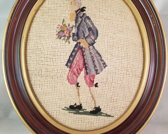 Antique Vintage Petit Needle Point Framed Victorian Gentleman