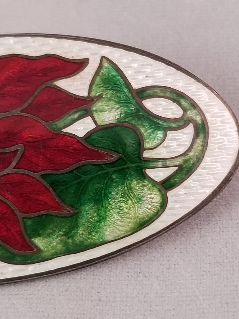 Vintage Cloisonne Red Poinsettia Sterling Brooch